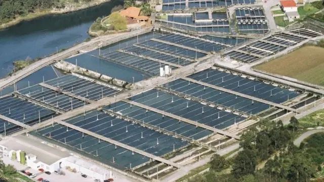 Imagen aérea de la piscifactoría de Lires, ahora propiedad de Caviar Pirinea, situada en Lires (Galicia), la más grande de España.