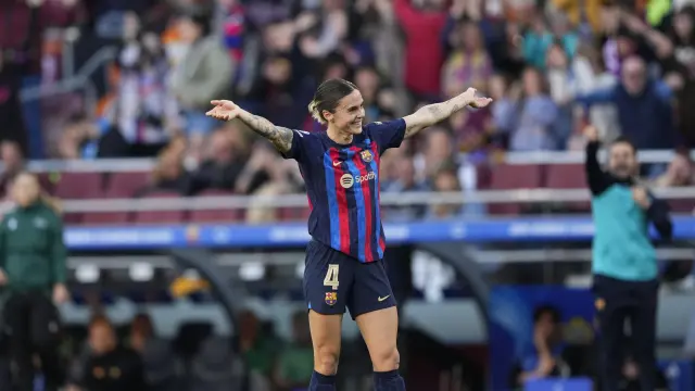 Champions League femenina, FC Barcelona -AS Roma: la aragonesa Mapi León celebra su gol
