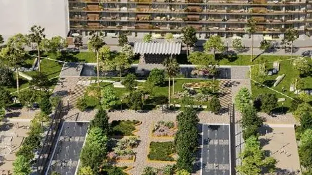 Un concepto del parque Pignatelli, con las viviendas de Aedas Homes al fondo.