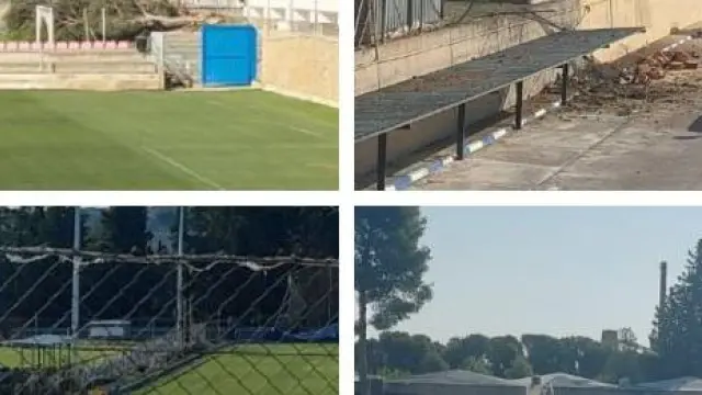 Cuatro imágenes de los efectos de la tormenta del pasado jueves en la Ciudad Deportiva, con vallas y pinos caídos en la zona de los campos de entrenamiento.
