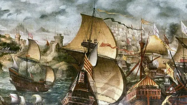 ‘Isabel I y la Armada Española’, tela atribuida a Nicholas Hilliard que representa la flota española frente a las costas de Inglaterra durante la fatídica batalla de Gravelinas.
