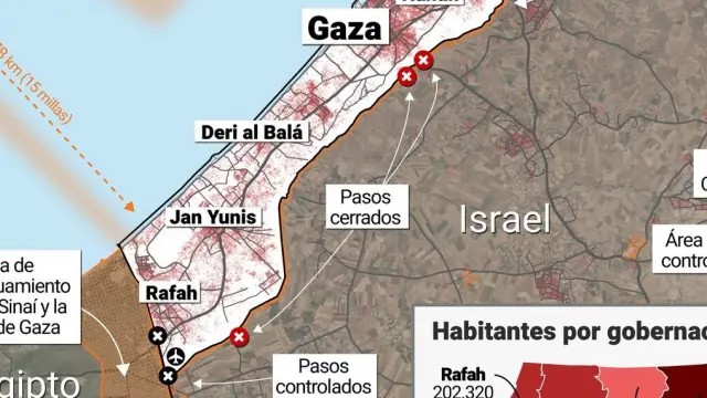Mapa de la Franja de Gaza, territorio palestino de Oriente Próximo junto a la frontera de Israel con Egipto, que desde el 7 de octubre de 2023 es foco de la guerra entre Israel y Hamás...11 OCTUBRE 2023..Europa Press..11/10/2023[[[EP]]]