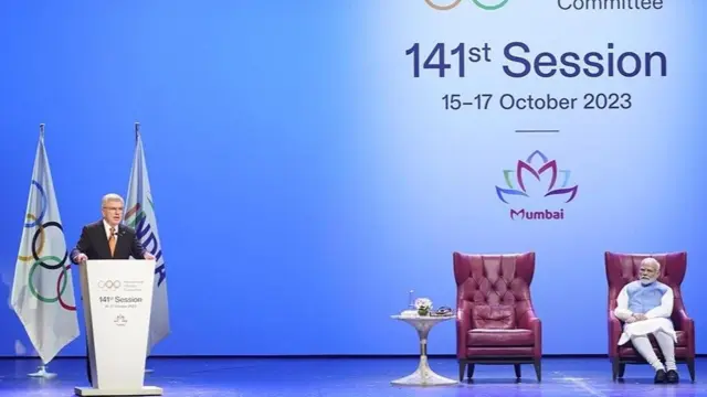 El presidente del Comité Olímpico Internacional (COI), Thomas Bach, durante su discurso en la 141ª Sesión del COI inaugurada en Bombay (India).