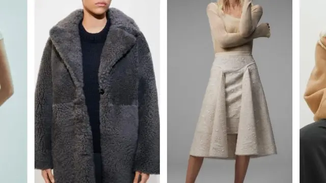 De izquierda a derecha, un vestido y un abrigo de Mango (de 1.000 euros), un conjunto de Zara y una cazadora de H&M de sus líneas más caras.