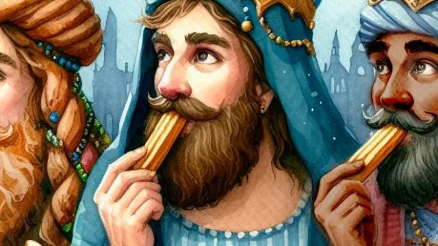 Los Reyes Magos comiendo churros.