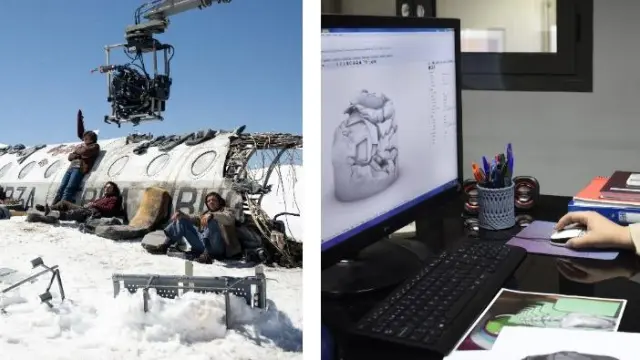 Imagen del rodaje de 'La sociedad de la nieve' y a la derecha, Irene Luzán (de pie) observa la digitalización 3D de la cabina de pilotaje que Tecmolde y Shu Digital fabricaron en poliespán para la película de J. A. Bayona.