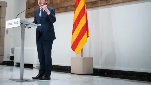 El presidente de la Generalitat de Catalunya, Pere Aragonès, ofrece una rueda de prensa, en el Palau de la Generalitat