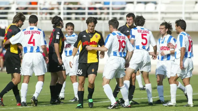 Imagen del primer Leganés-Real Zaragoza de la historia en Butarque, en 2003. Se ve a los zaragocistas Komljenovic, Jesús Muñoz, Espadas y Soriano.