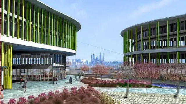 Recreación del parque empresarial, que estrenará fachadas de cristal con lamas y amplias zonas verdes.