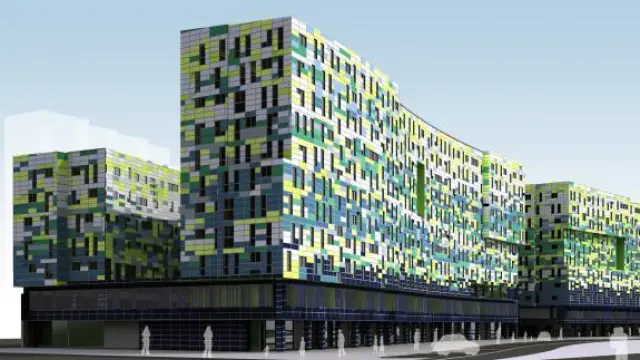 Recreación del edificio, cuya fachada se compondrá de paneles de aluminio de distintos colores.