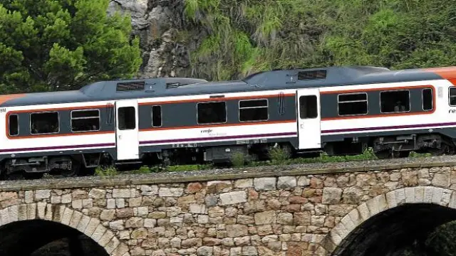 Un tren de pasajeros, a su paso por Murillo de Gállego, el pasado verano