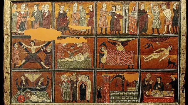 El 'Frontal de Liesa' (S. XIII), propiedad de la DPH, relata en doce escenas el martirio y muerte de San Vicente