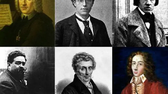 Arriba, de izquierda a derecha, retratos de Alessandro Scarlatti (1660-1725), Gustav Mahler (1860-1911) y Frederick Chopin (1810-1849). Sobre estas líneas, Isaac Albéniz (1860-1909), Luigi Cherubini (1760-1842) y Giovanni Battist