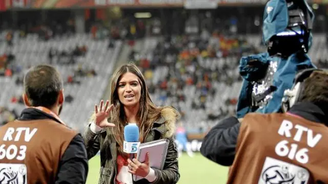 Sara Carbonero, durante el partido España-Portugal.