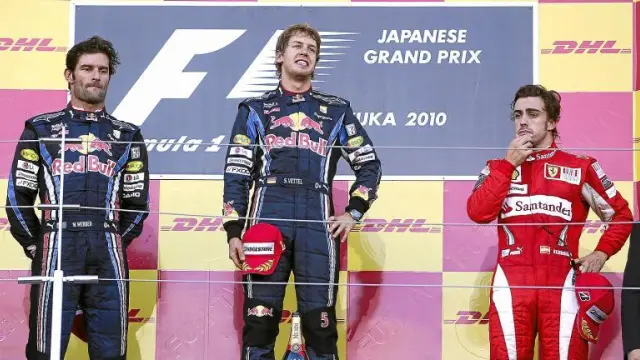Webber, Vettel y Alonso, en el podio del GP de Japón.