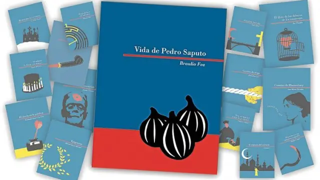 Destacada en el centro, 'Vida de Pedro Saputo', la primera entrega. A ambos lados, las portadas de las siguientes obras de la colección.