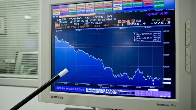 Una pantalla muestra la caída de la bolsa durante el día de hoy