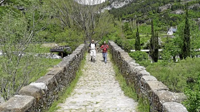 Un tramo del camino de Santiago con unos peregrinos