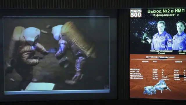 Los astronautas durante el simulacro de caminata en Marte