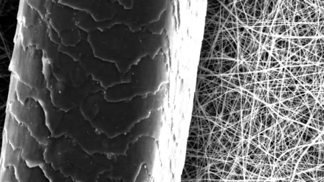 Nanofibras elaboradas por 'electrospinning', frente a un cabello humano
