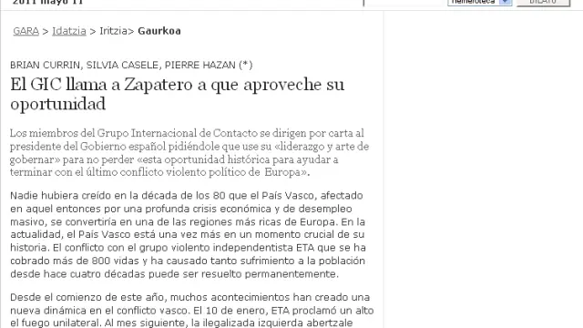 La carta publicada en la versión digital del diario 'Gara'