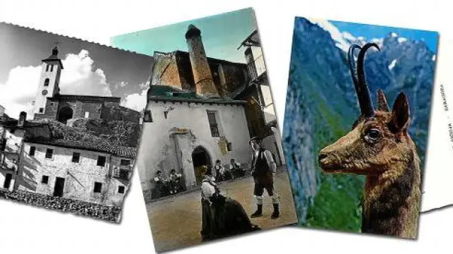 Postal troquelada de Biescas a la izquierda, una imagen de Hecho en el centro y la cabeza de sarrio a la derecha