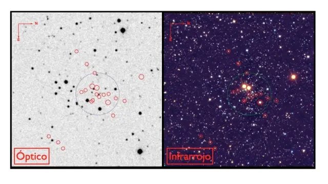 Comparación de las imágenes óptica (visible) e infrarroja de Masgomas-1.