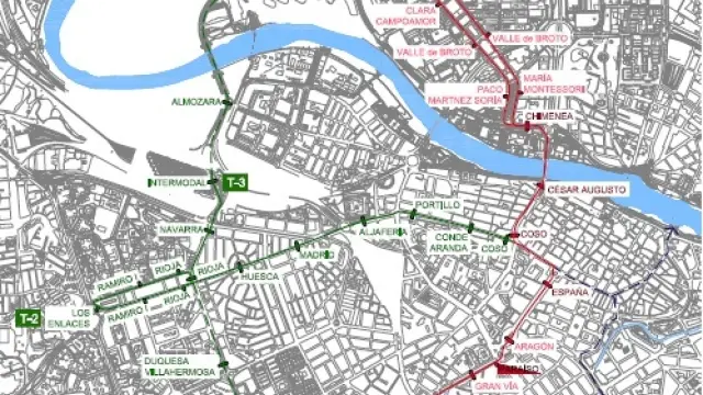 Plano de la línea II del tranvía, en verde, y el ramal de San José, en azul