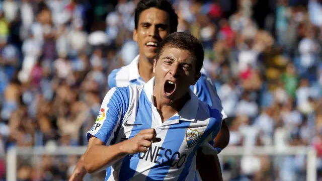 Portillo celebra el tercer gol del Málaga