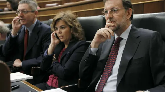 Rajoy, Saénz de Santamaría y Gallardón en la sesión de control al Gobierno, en el Congreso.