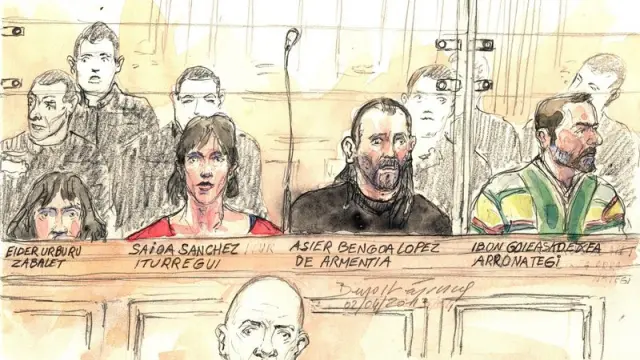 Dibujo de los etarras imputados en el asesinato de los guardia civiles durante el juicio en París.