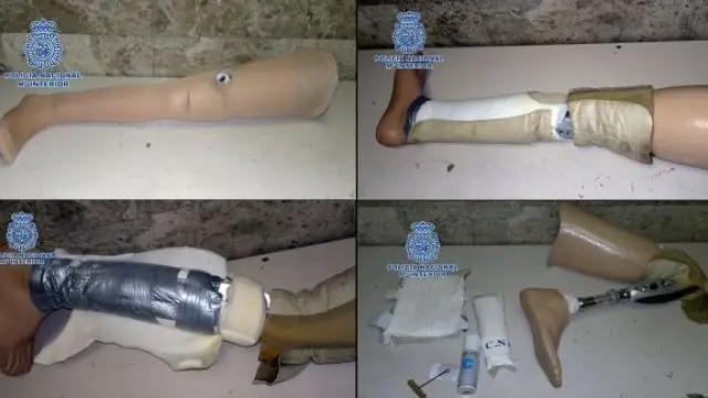 Pierna ortopédica del hombre que intentó colar un kilo de cocaína en su interior en Barajas
