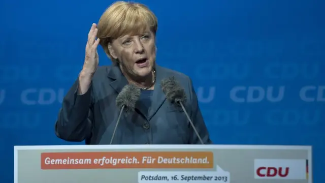 Angela Merkel durante el mitin en Potsdam
