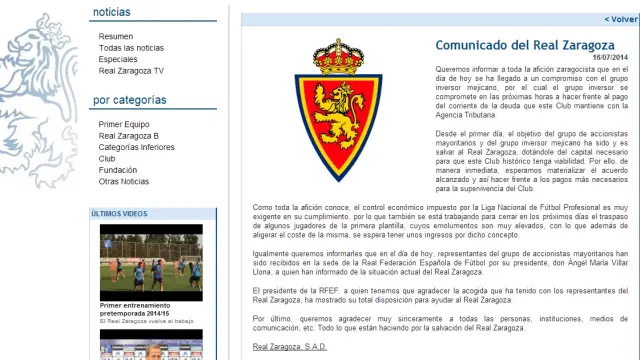 Comunicado publicado en la web del Real Zaragoza