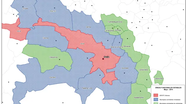 Mapa que mostraba cómo inicialmente Vinuesa se encontraba en el mismo área funcional que Soria