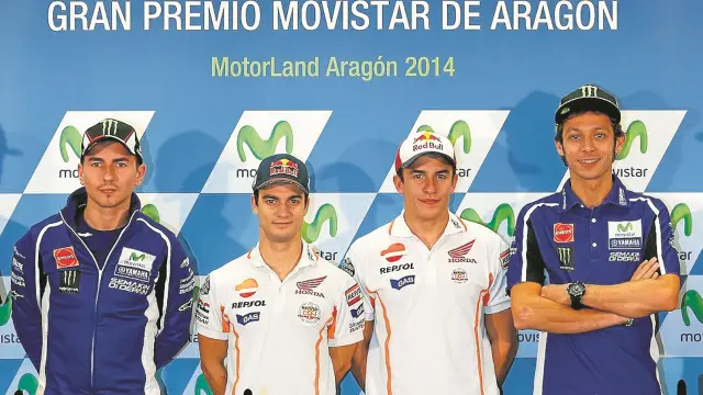 Jorge Lorenzo, Dani Pedrosa, Marc Márquez y Valentino Rossi, en la rueda de prensa oficial previa al arranque del Gran Premio celebrada ayer en Motorland.