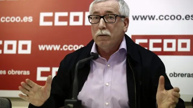 El secretario general de CC.OO., Ignacio Fernández Toxo, durante la rueda de prensa
