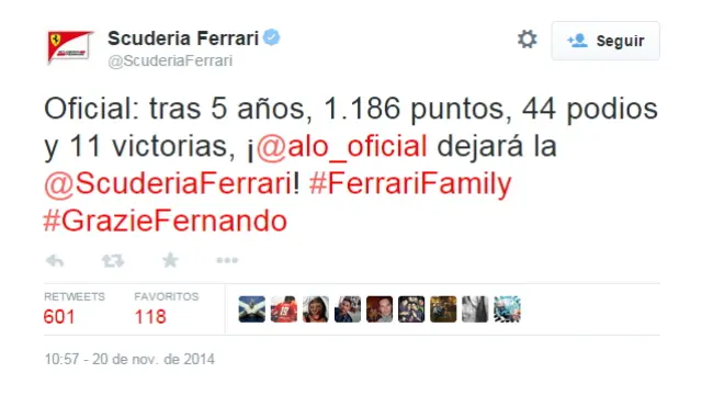 Imagen del tuit publicado por Ferrari en su cuenta