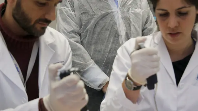Los investigadores Alejandro Mira y Áurea Simón muestran el funcionamiento del test.