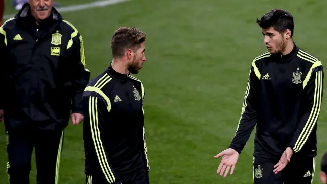 Morata, Ramos y Del Bosque, durante un entrenamiento