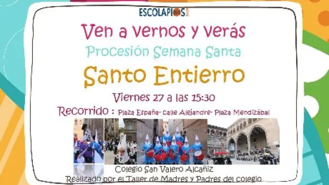 Cartel realizado por los alumnos para anunciar la procesión, el próximo 25 de marzo, a las 15.30, que partirá de la plaza de España de Alcañiz.