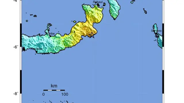 Mapa de Papúa Nueva Guinea que muestra una intensidad regional del terremoto de 7,4 grados.