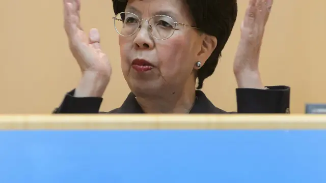 La directora de la OMS, Margaret Chan, pronuncia un discurso durante la asamblea anual de la OMS.