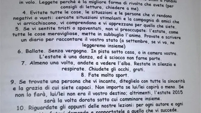 Listado de los particulares deberes para el verano que el profesor italiano ha pedido a sus alumnos