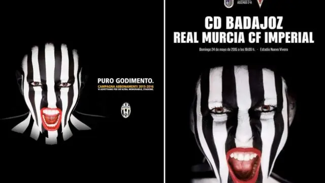 A la izquierda el cartel del C.D. Badajoz y a la derecha el de la Juventus.