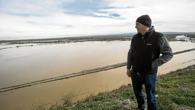 Un agricultor de Gallur contempla los campos inundados por la crecida del Ebro en febrero.