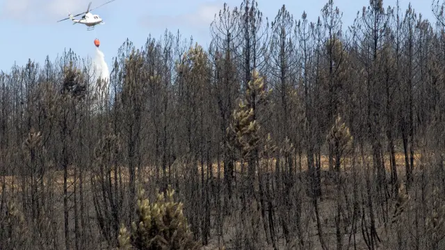 Un helicóptero descarga agua sobre el incendio de Latedo, en la provincia de Zamora.