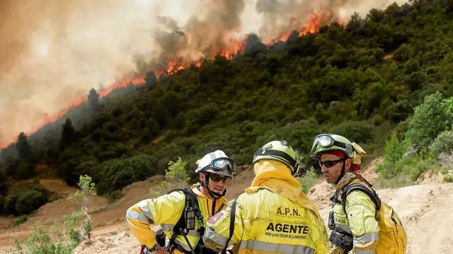 Tres agentes de protección de la naturaleza (APN) del Gobierno de Aragón comentan el avance del fuego en una zona situada entre Luna y Orés.
