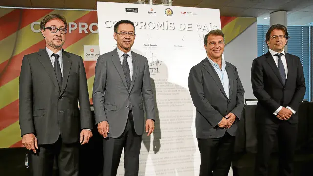 Los candidatos a la presidencia del Barcelona: Agustí Benedito izquierda, Jordi Bartomeu, Joan Laporta y Toni Freixa.