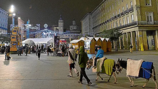 Los burros con sus alforjas por la plaza del Pilar en la edición de la muestra del año pasado.